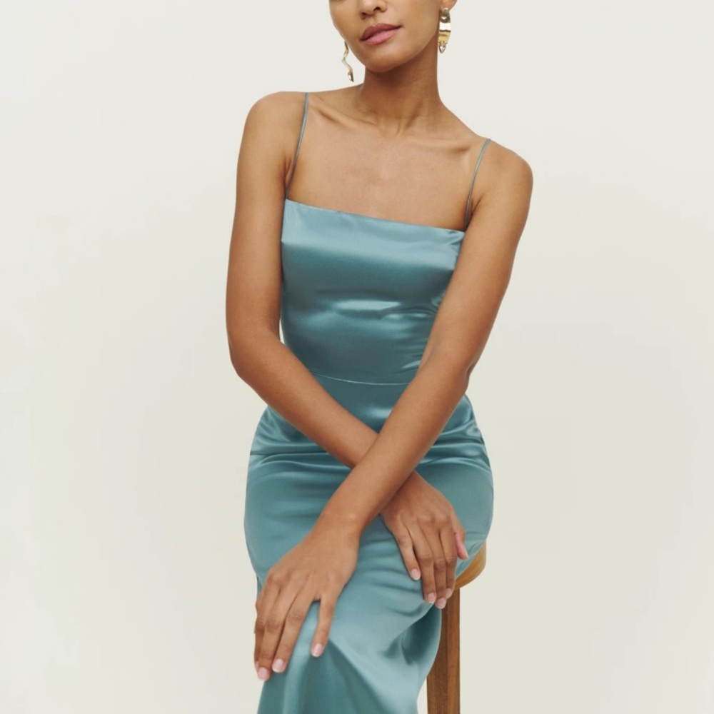 Reformation Frankie Silk Dress in Verdigris. Size 10, NWT, never worn!